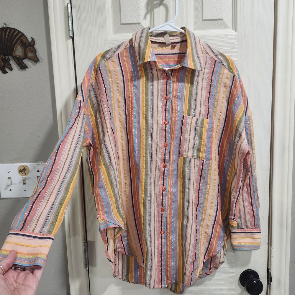Pilcro XS Striped Button Up Shirt Metallic Thread Cotton Oversized Boho